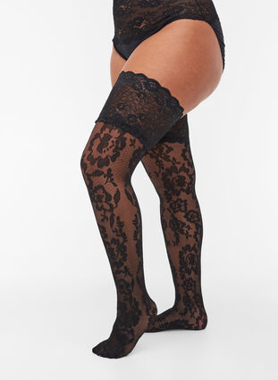 Hold-up stockings in 30 denier with lace, Black, Model image number 0