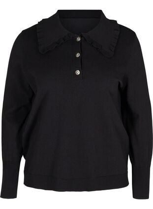 Viscose blend knitted blouse with ruffle collar, Black, Packshot image number 0