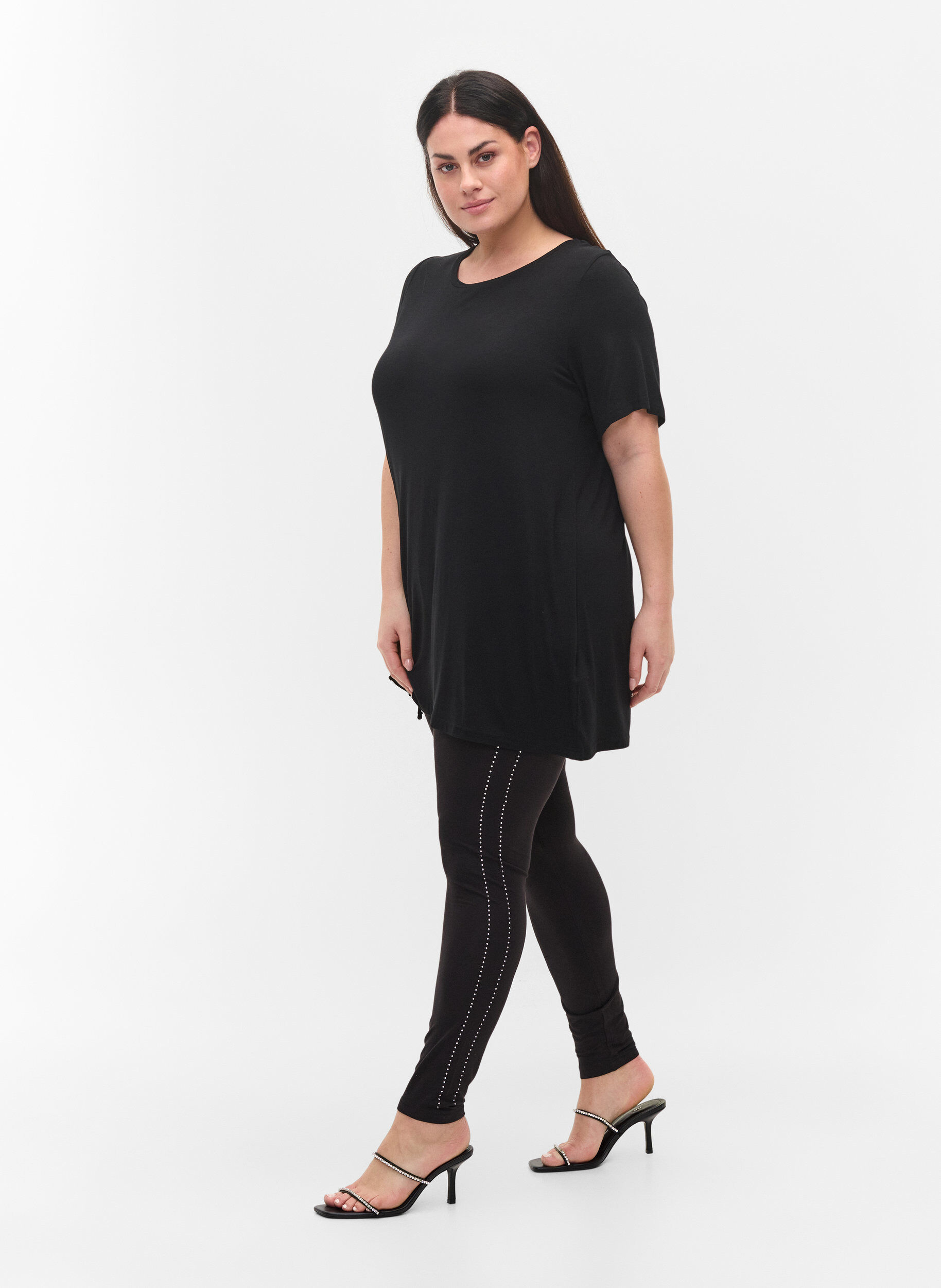Zizzifashion Viscose leggings with stones on the side, Black, Model image number 0