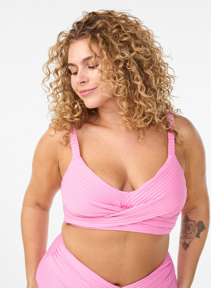 Bikini top with striped texture and criss-cross, Pink, Model image number 0