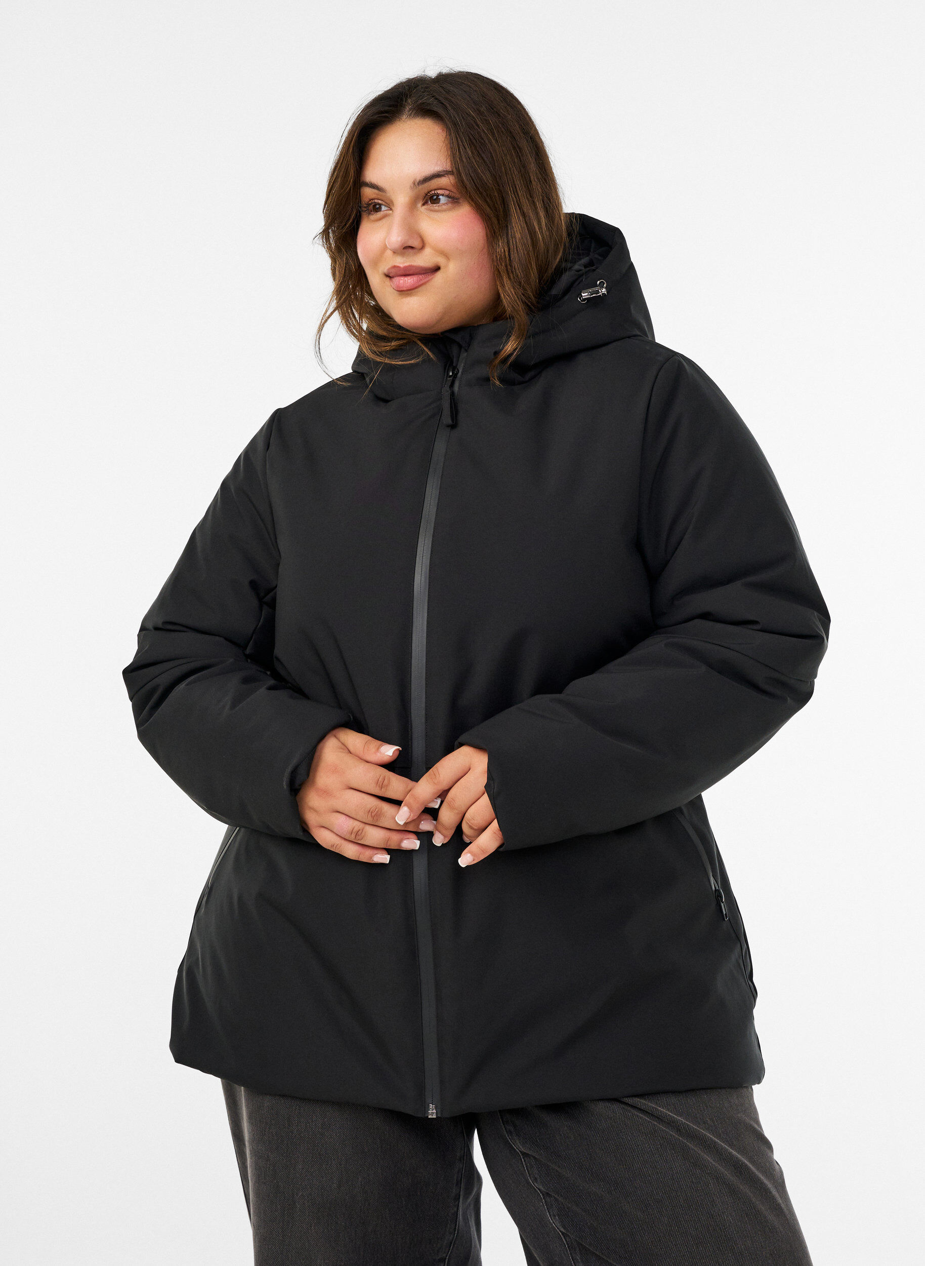 ZizzifashionWinter jacket with hood and adjustable waist, Black, Model image number 0