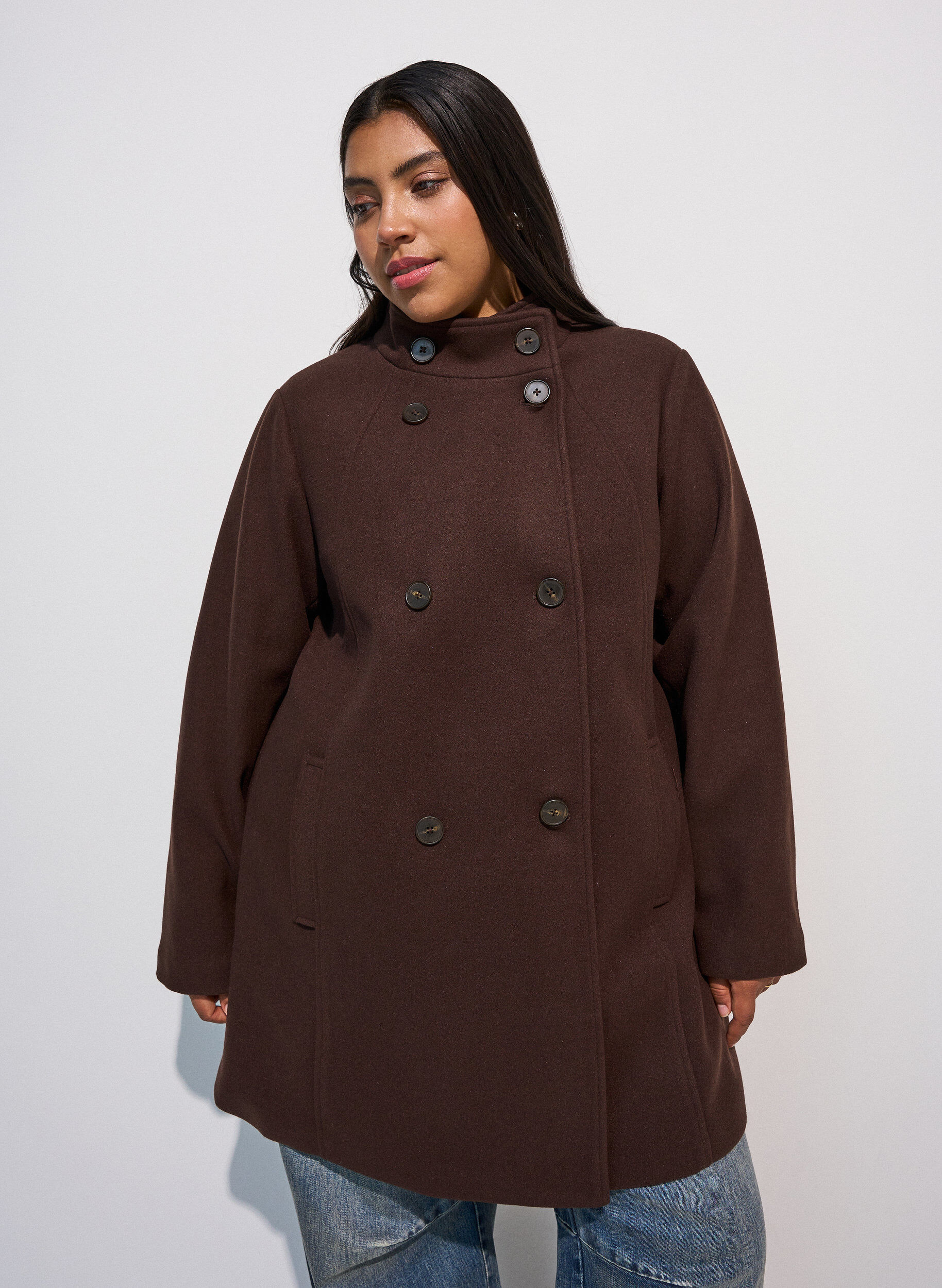 ZizzifashionShort coat with A-line shape, Brown, Model image number 0