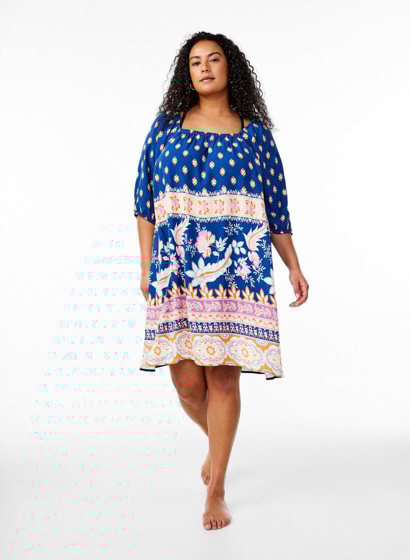 Beach dress in viscose with print, Blue, Model image number 1