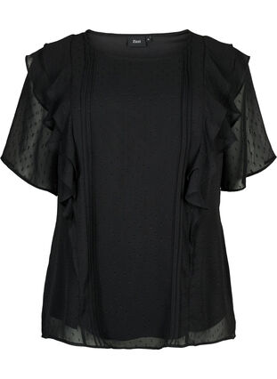 Short-sleeved blouse with ruffles and dotted pattern, Black, Packshot image number 0