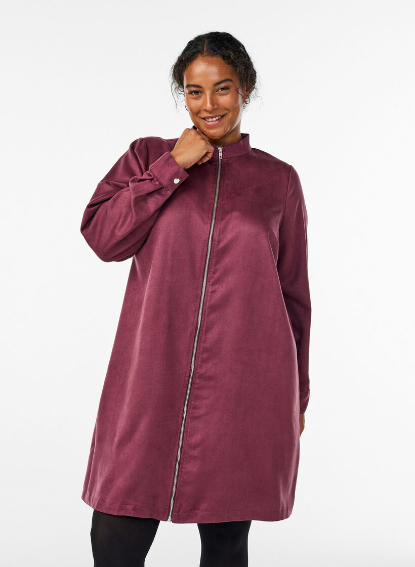 Long shirt in faux suede with zipper, Red, Model image number 0