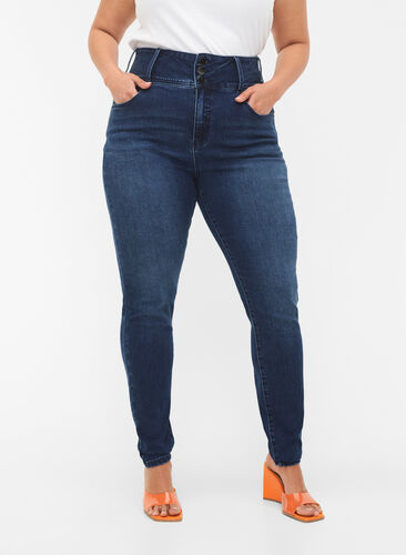 Super slim Bea jeans with extra high waist, Blue denim, Model image number 2