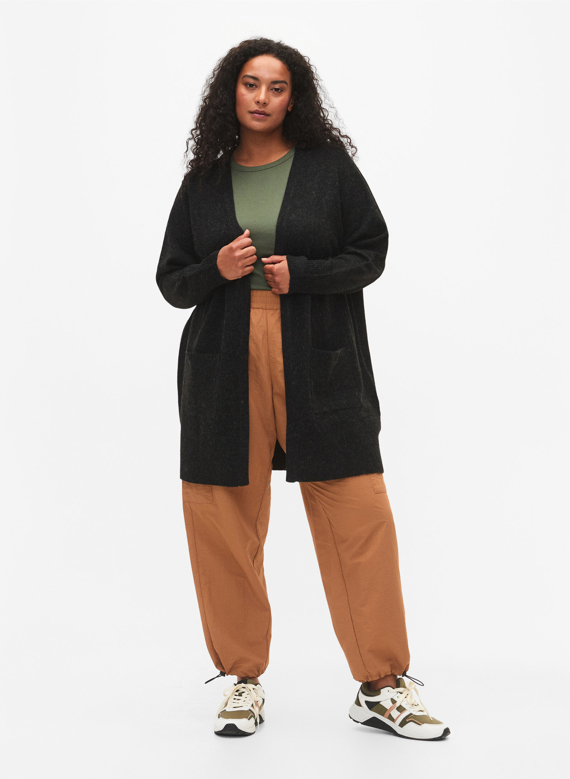 ZizzifashionRibbed Knit Cardigan with Pockets, Dark Grey, Model image number 1