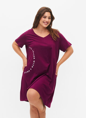 Organic cotton nightdress with V-neck , Dark Purple W. Be, Model image number 0