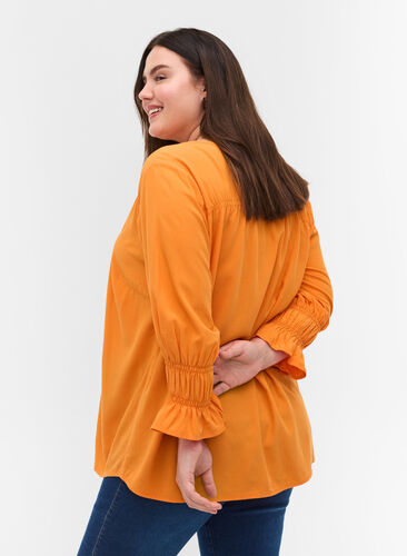 Viscose blouse with button fastening and 3/4-length sleeves, Tangelo, Model image number 1