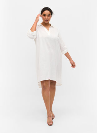 Striped dress made with cotton and linen, White, Model image number 2