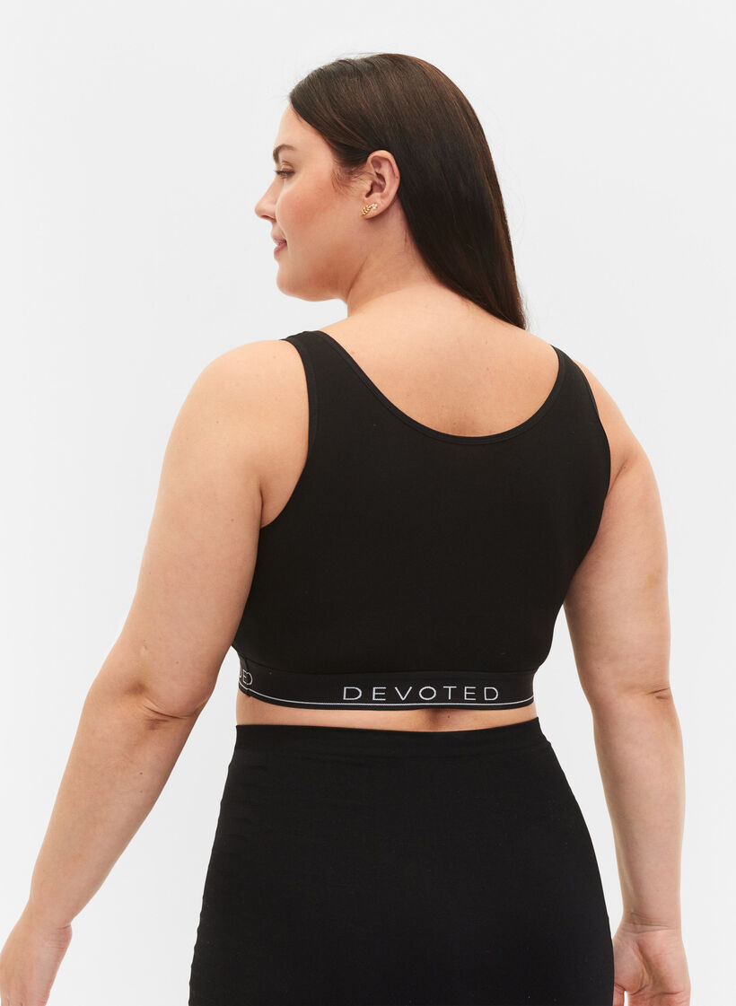 Unpadded cotton bra with text print, Black/Upper Font, Model image number 1