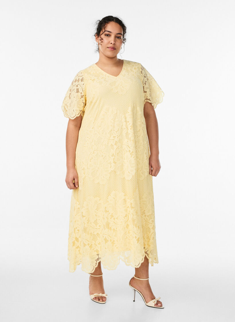 Midi lace dress with scalloped edges, Yellow, Model image number 0