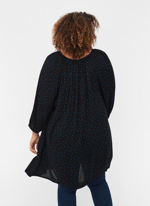 Printed viscose tunic with 3/4-length sleeves , Black w. Blue Dot, Model image number 1
