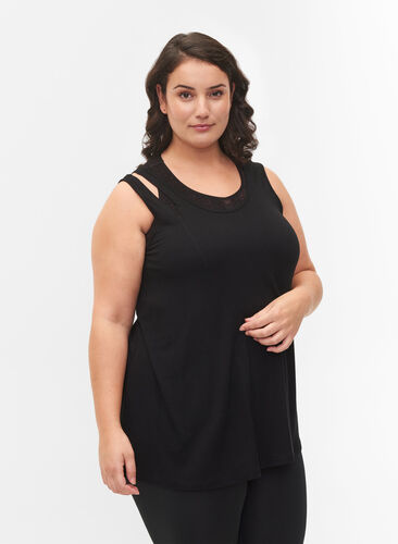 Sleeveless workout top in viscose, Black, Model image number 0