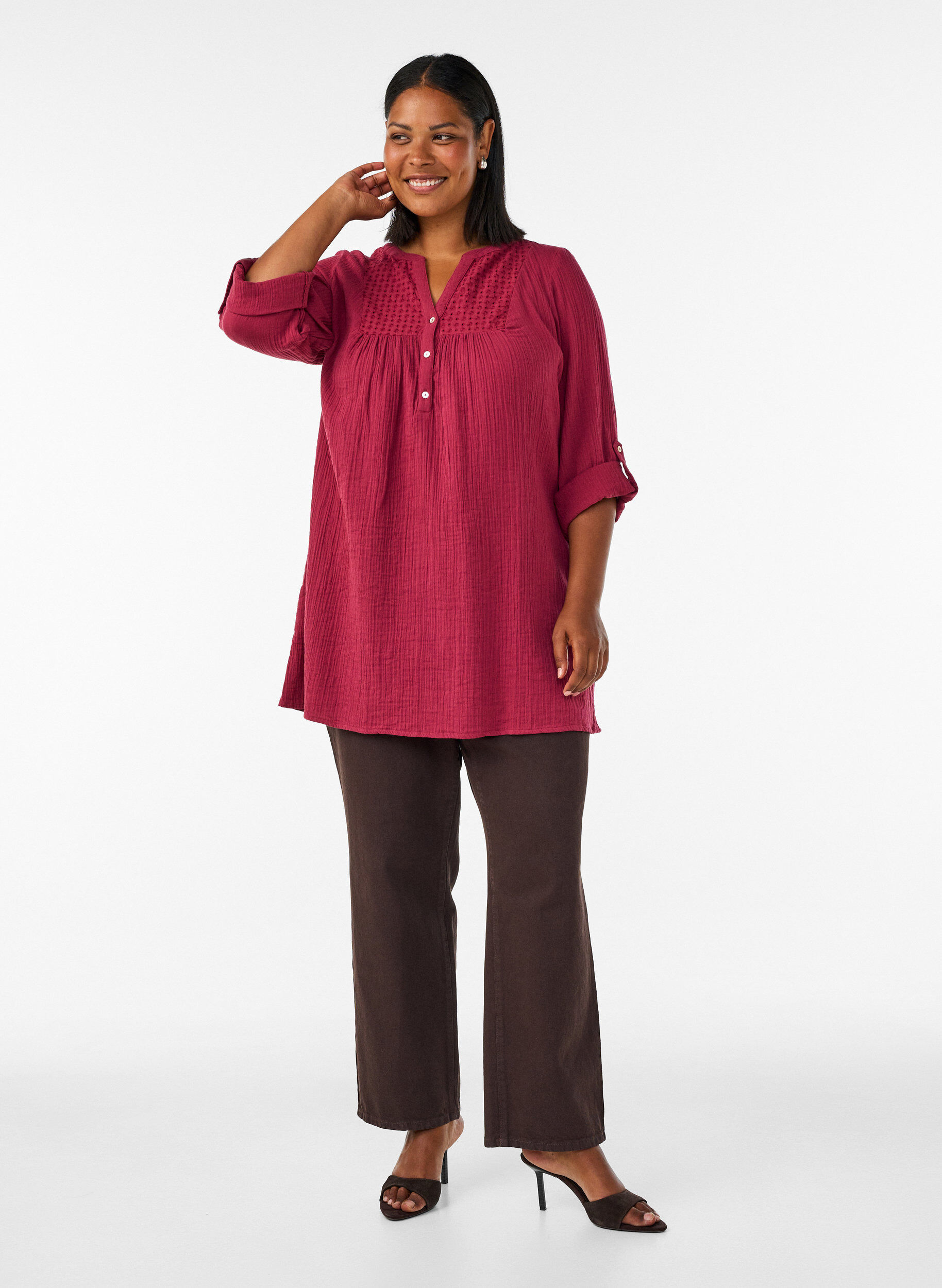 ZizzifashionCotton muslin tunic with broderie anglaise, Red, Model image number 1