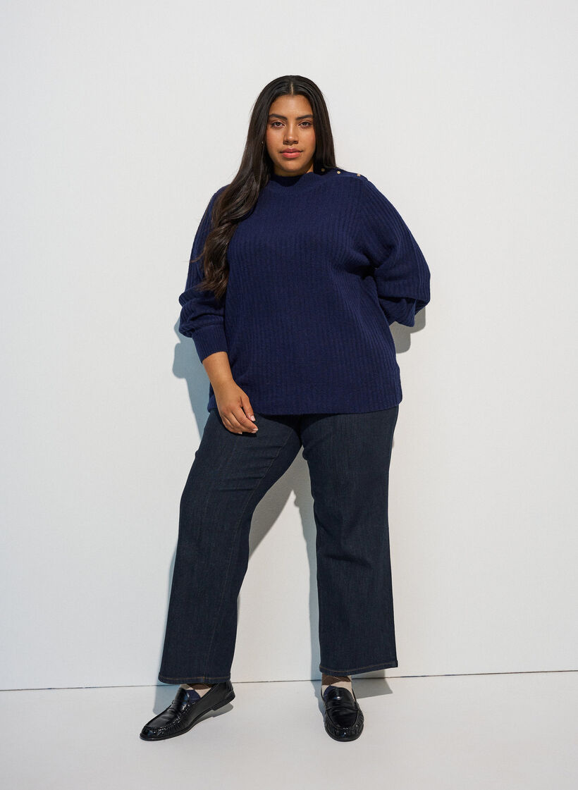 Ribbed jumper with puff sleeves and buttons, Blue, Model image number 1