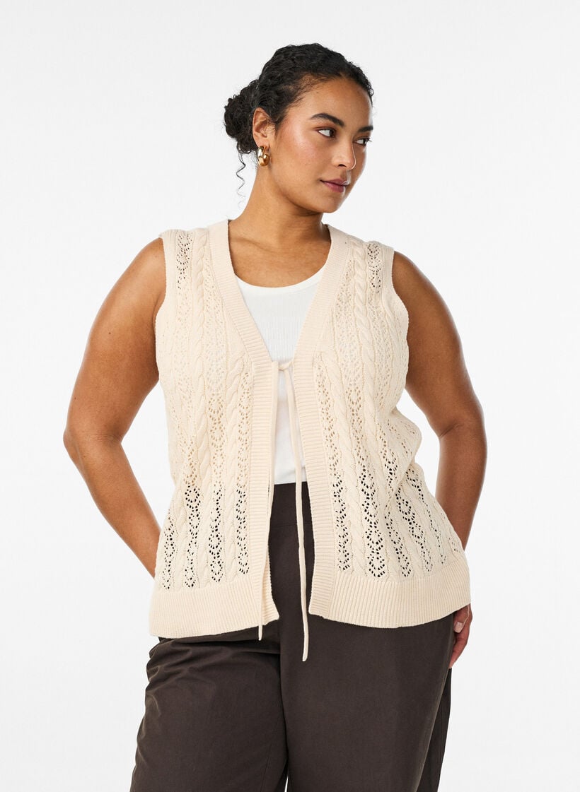 Knitted vest with eyelet embroidery and tie fastening, Beige, Model image number 0