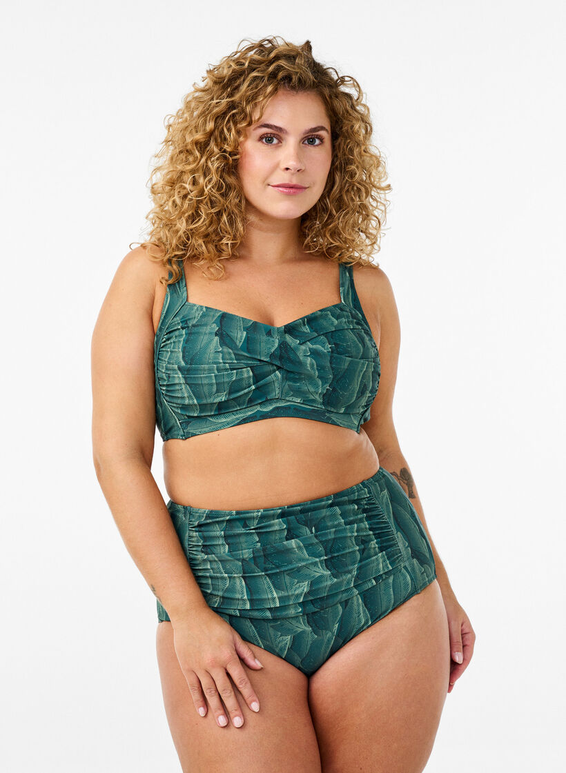 Padded bikini top with print, Green, Model image number 1