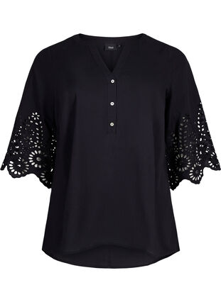 Shirt blouse with broderie anglaise and 3/4 sleeves, Black, Packshot image number 0