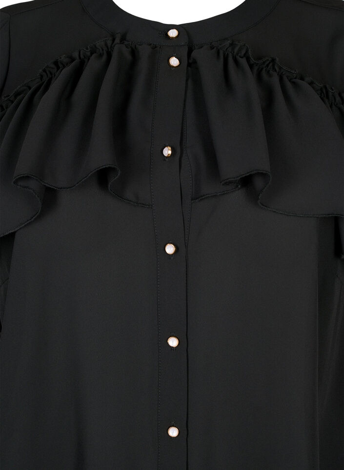 Ruffle shirt blouse with pearl buttons, Black, Packshot image number 2