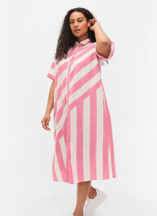 Short-sleeved cotton shirt dress with stripes, Magenta Stripe, Model image number 2
