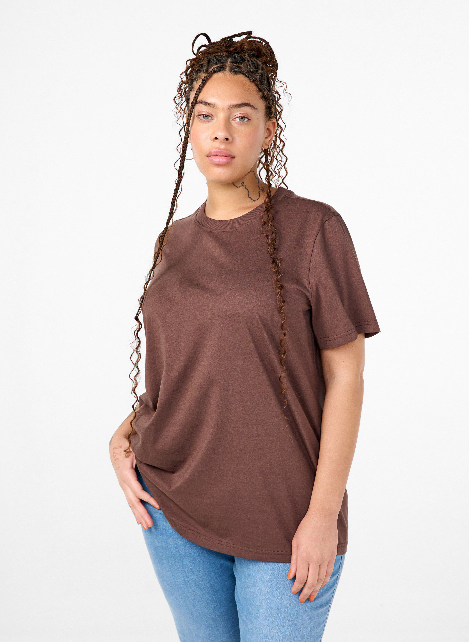 Zizzifashion Basic cotton T-shirt with round neck, Brown, Model image number 0