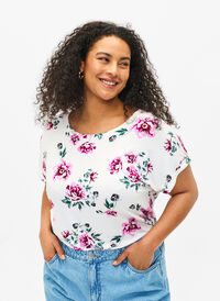 Floral viscose blouse with short sleeves, White Pink AOP, Model