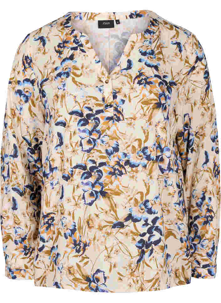 100% viscose blouse with floral print, Ecru Flower, Packshot image number 0