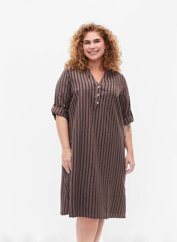 Striped cotton dress with 3/4 sleeves, Falcon/Navy Stripe, Model image number 0