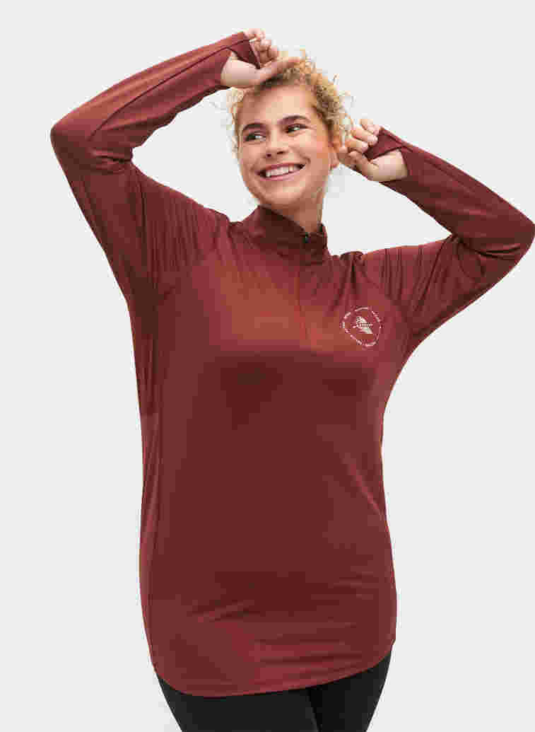 High neck exercise top with zip, Sable, Model image number 1