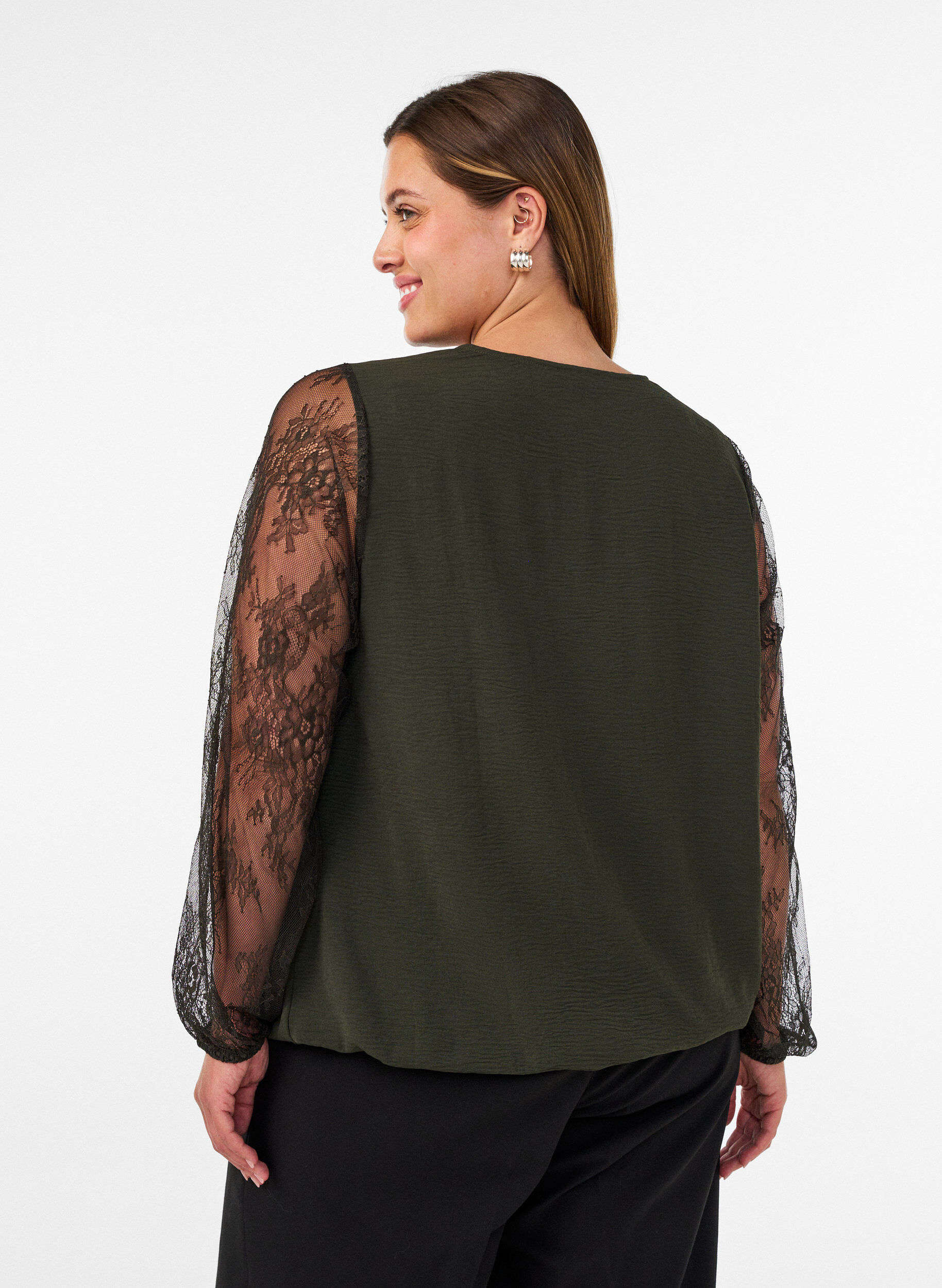 ZizzifashionBlouse with lace sleeves and balloon shape, Green, Model image number 2