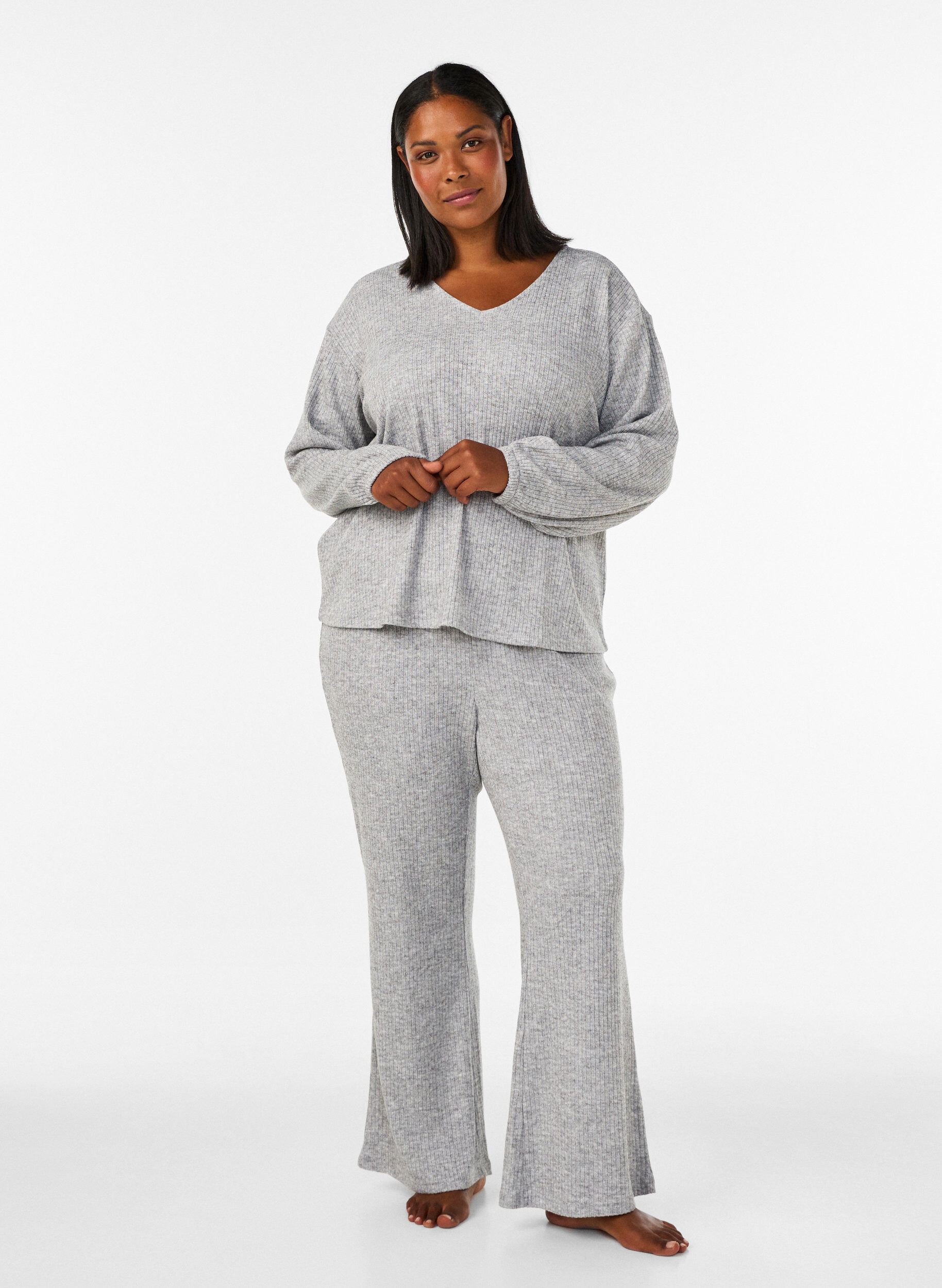 ZizzifashionJersey trousers with ribbed texture and flare, Grey, Model image number 0