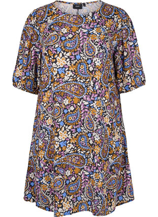 Short-sleeved viscose dress with floral print, Black G. Sky Paisley, Packshot image number 0