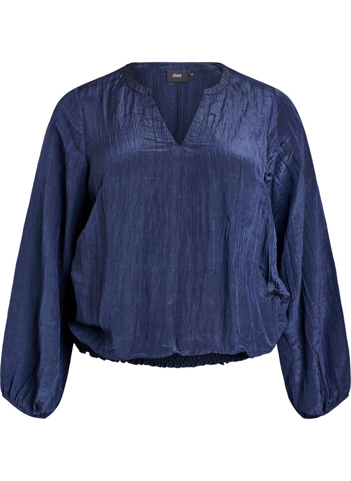 Blouse with V-neck and crinkled texture, Blue, Packshot image number 0