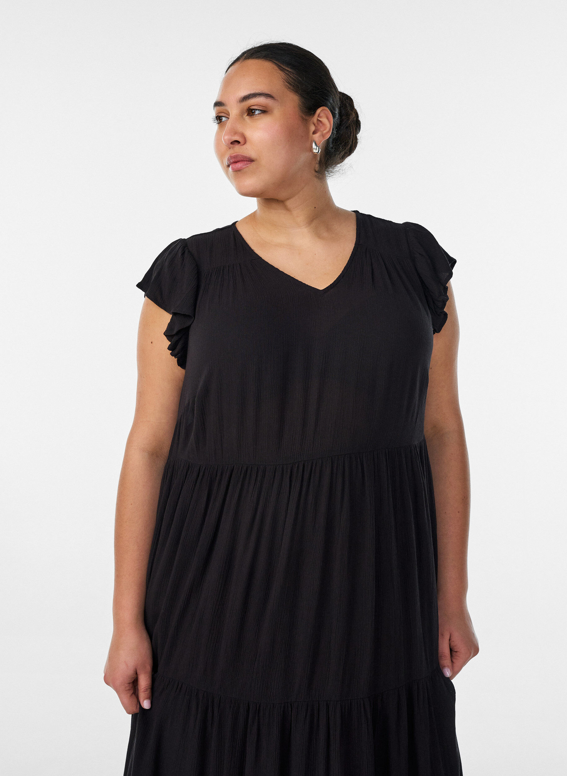 ZizzifashionMidi dress in viscose with ruffle sleeves, Black, Model image number 2