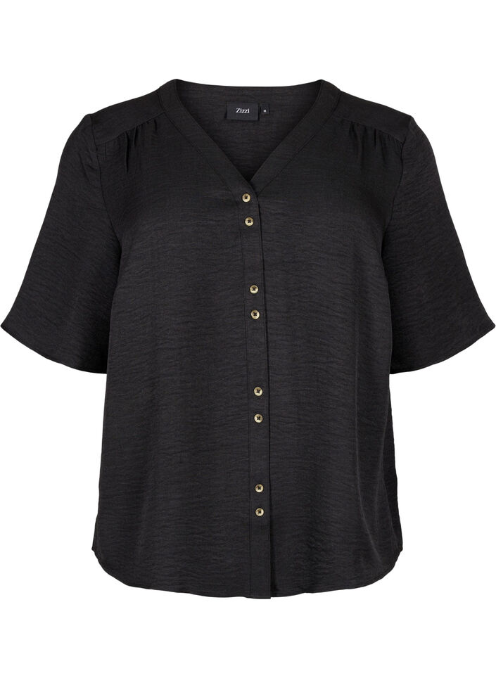 V-neck shirt blouse with short sleeves, Black, Packshot image number 0