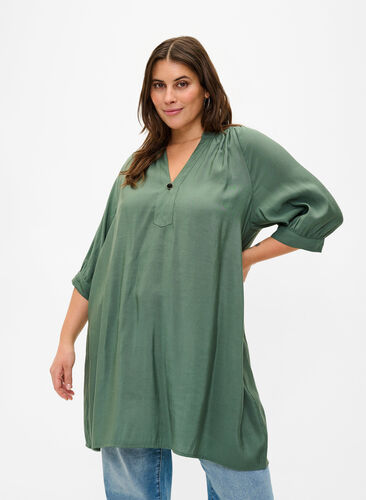 Viscose tunic with 3/4 sleeves, Duck Green, Model image number 0