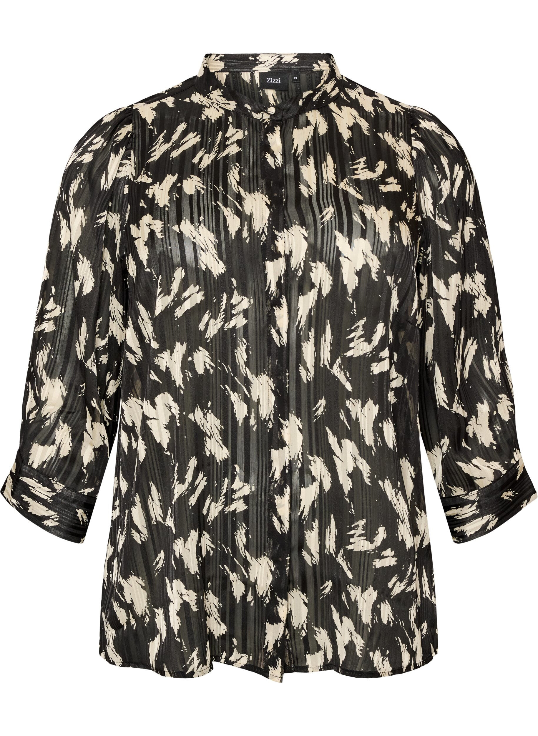 ZizzifashionPatterned shirt with a stand-up collar and 3/4-sleeves, Black, Packshot image number 0