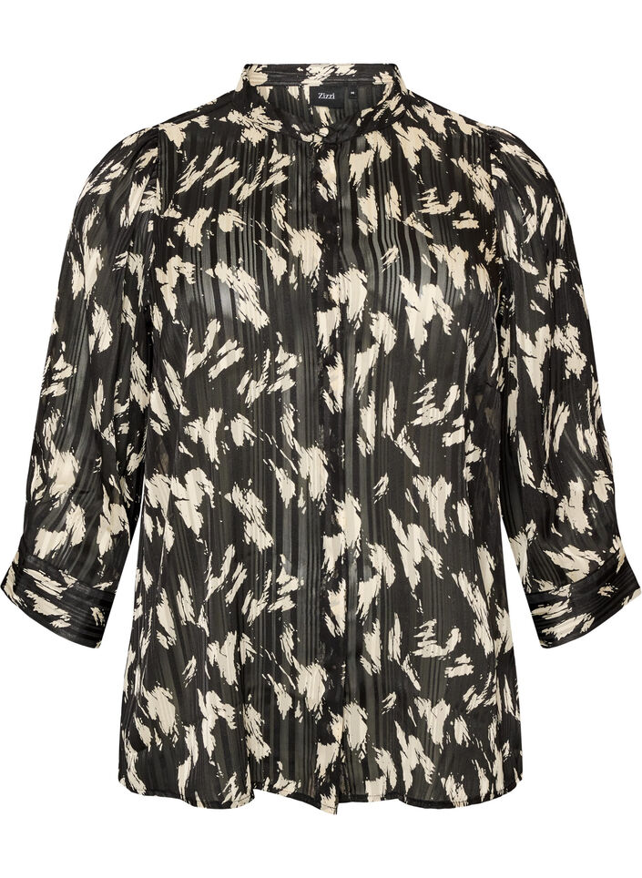 Patterned shirt with a stand-up collar and 3/4-sleeves, Black, Packshot image number 0