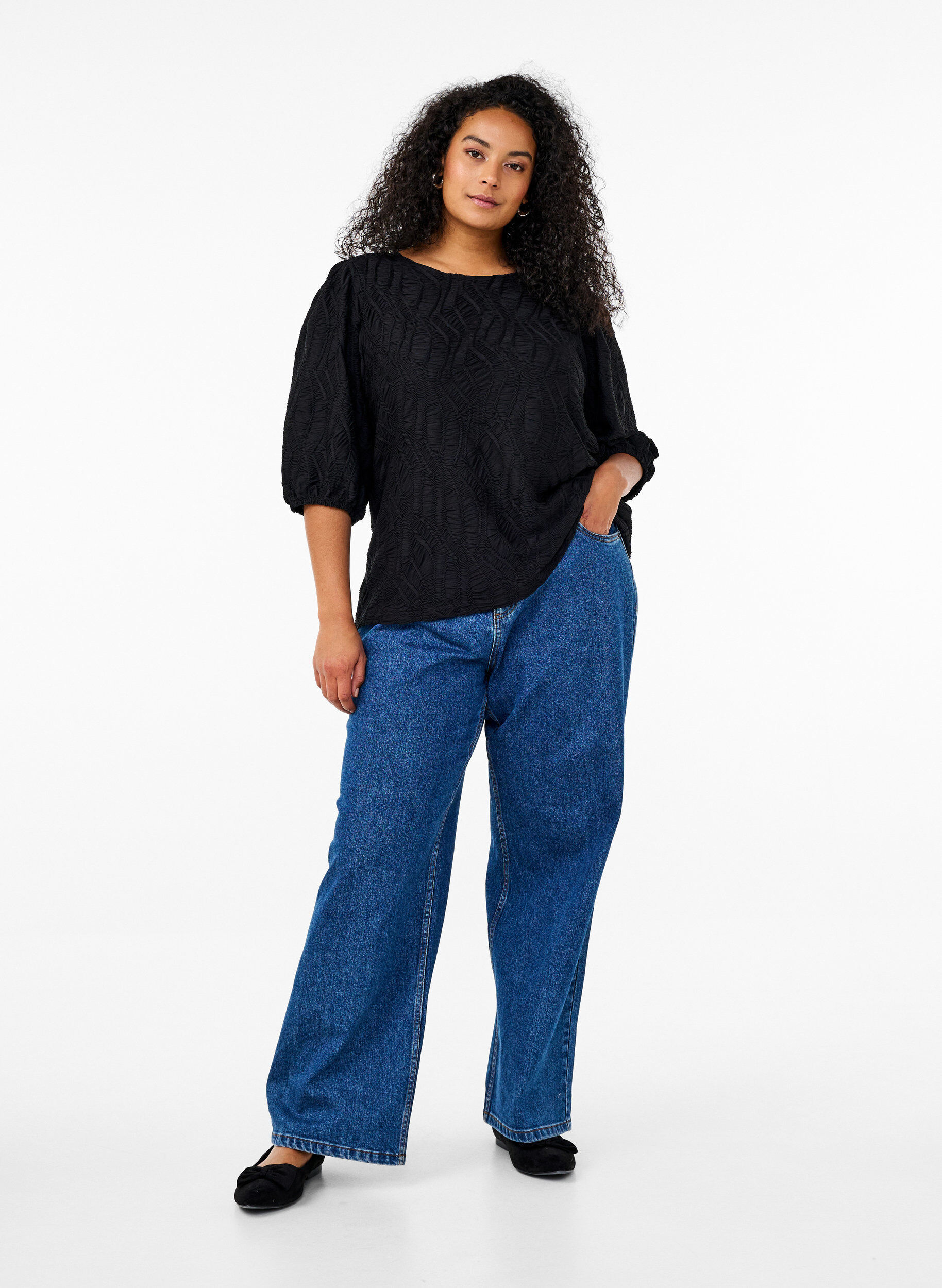 ZizzifashionBlouse with texture and 3/4 sleeves, Black, Model image number 1