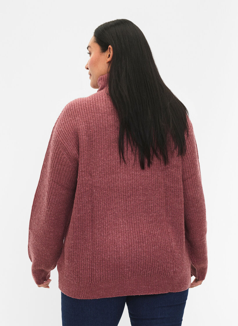 Knitted sweater with high neck and zipper, Red, Model image number 2