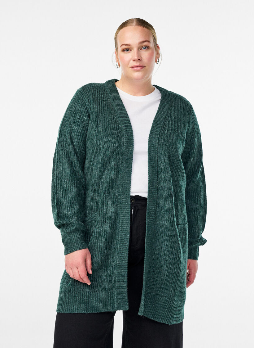 FLASH - Long rib knit cardigan with pockets, Green, Model image number 0