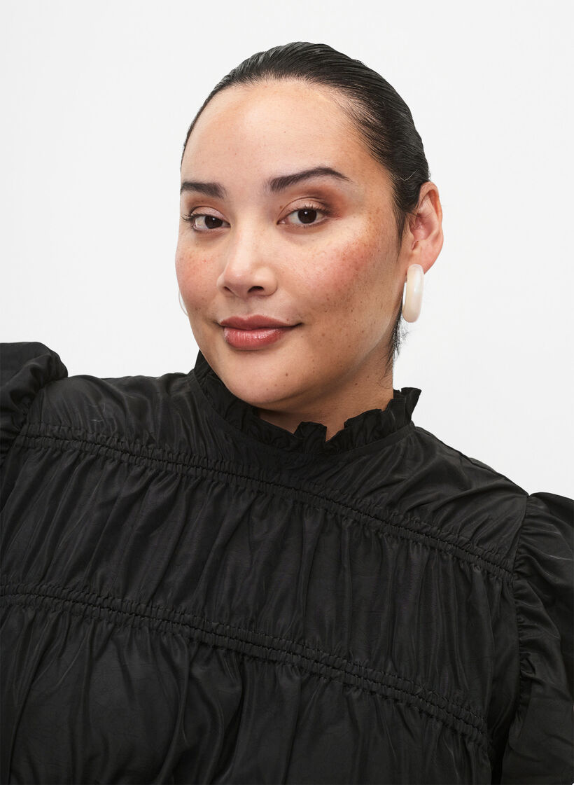 Dress with ruffles and elastic cutlines, Black, Model image number 3