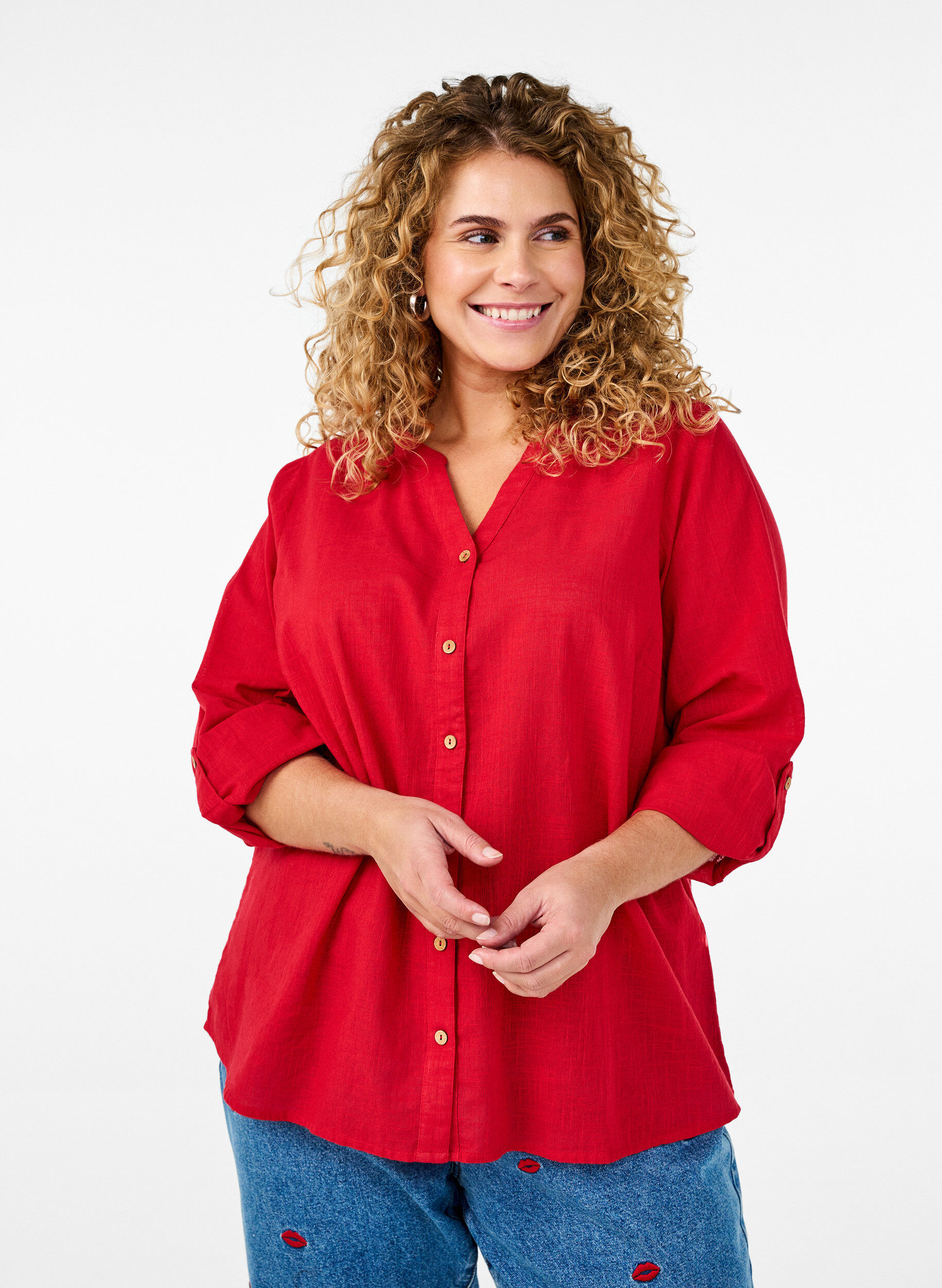 Zizzifashion Cotton shirt blouse with a v-neck, Red, Model image number 0