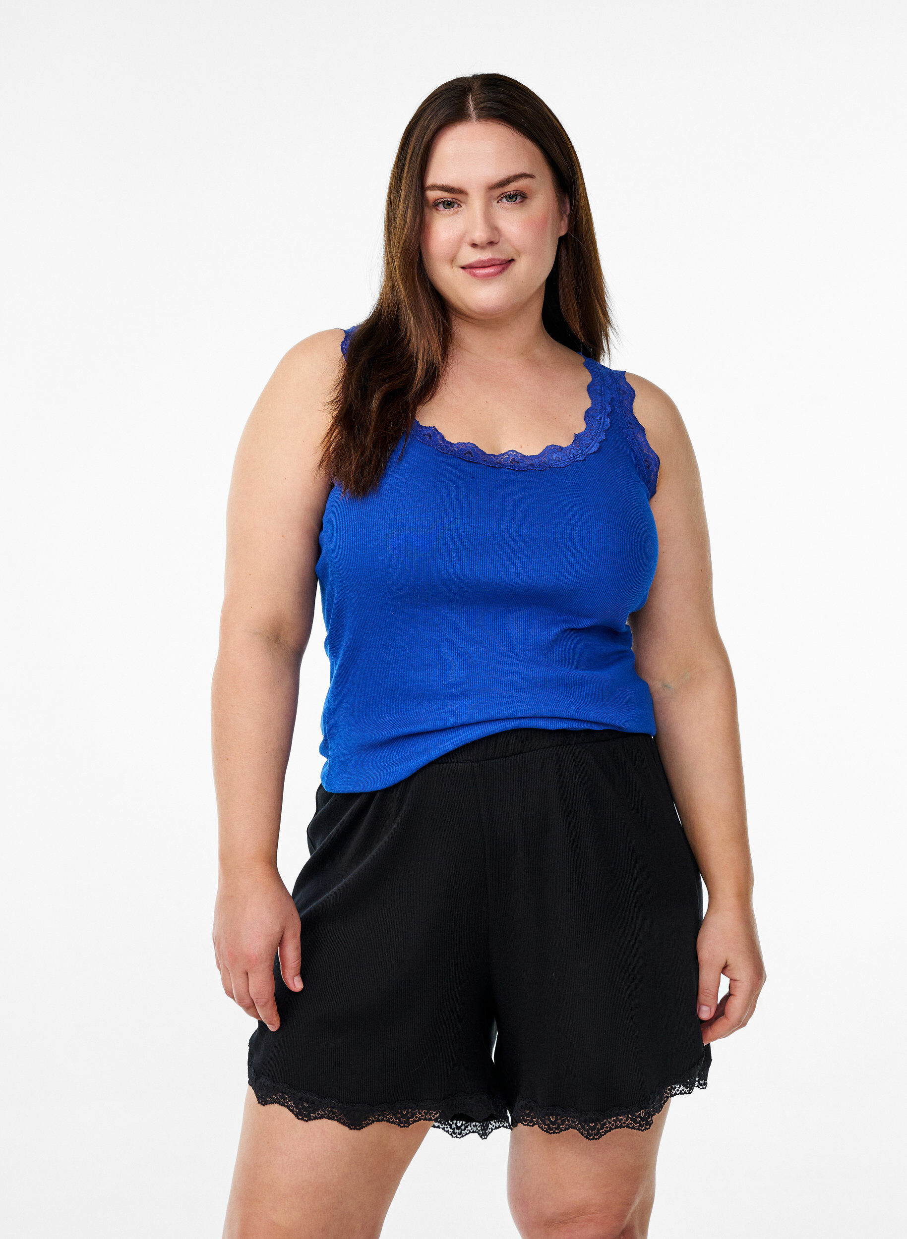 ZizzifashionLoose night shorts with ribbed texture and lace trim, Black, Model image number 0