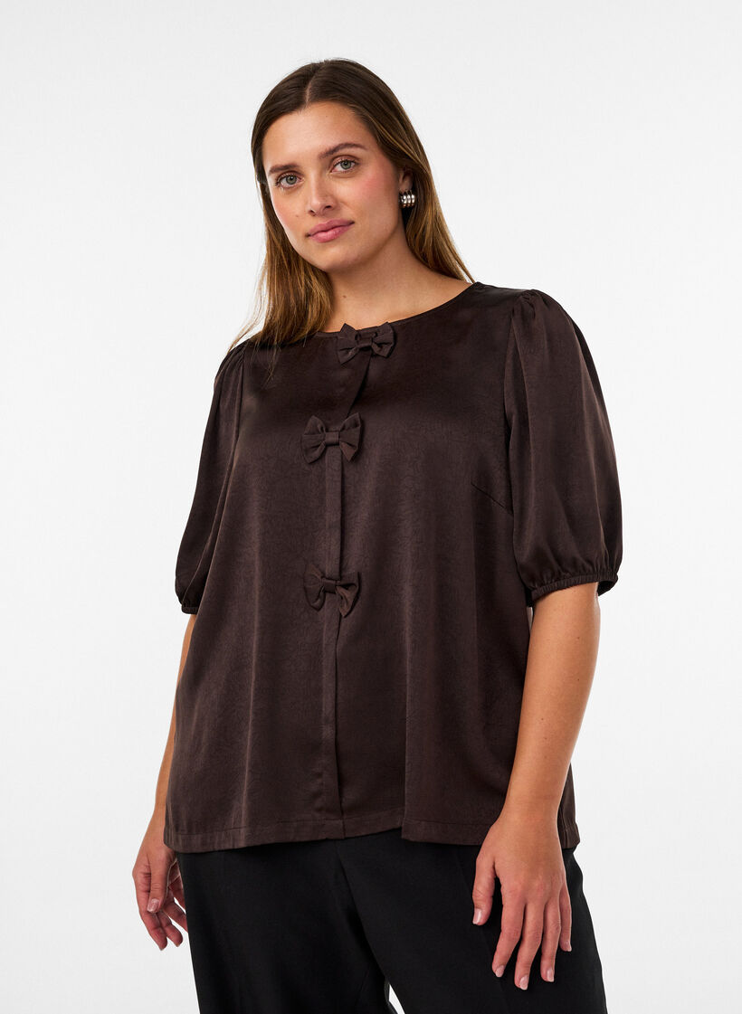 Satin blouse with bows and elbow-length sleeves, Brown, Model image number 0