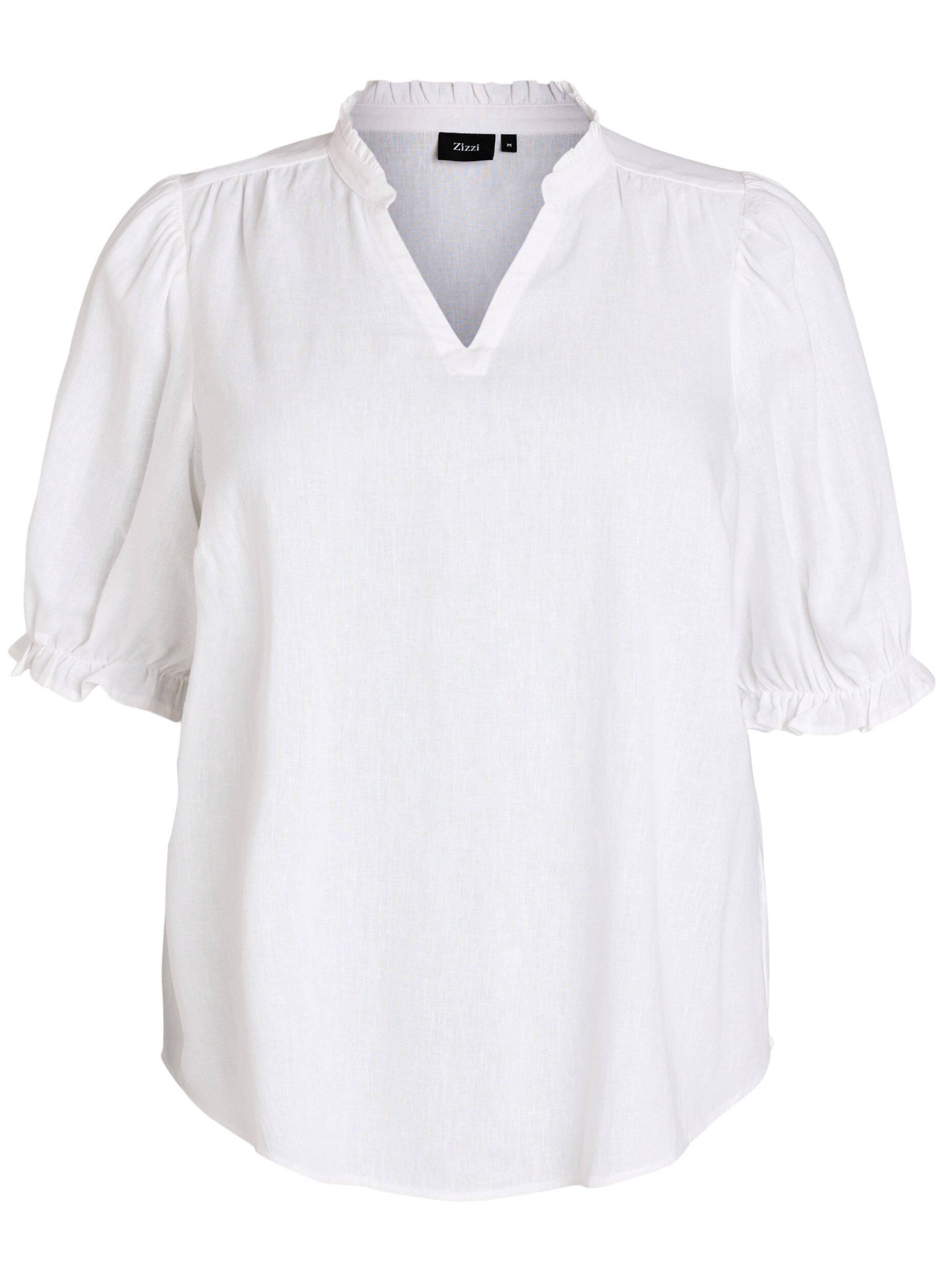 Zizzifashion Blouse in linen and viscose with 1/2 sleeves, White, Packshot image number 0