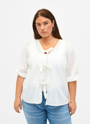 3/4 sleeve cotton blouse in a cotton blend with linen, Bright White, Model image number 0