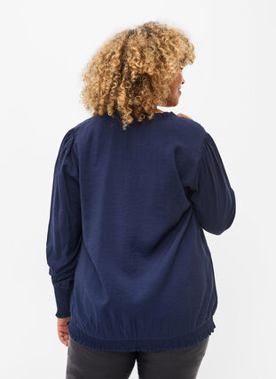 Viscose blouse with long sleeves and smock, Navy Blazer, Model image number 1