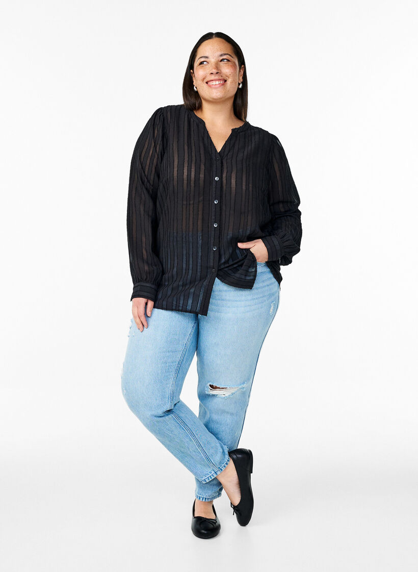 Striped shirt blouse with sheer stripes, Black, Model image number 1